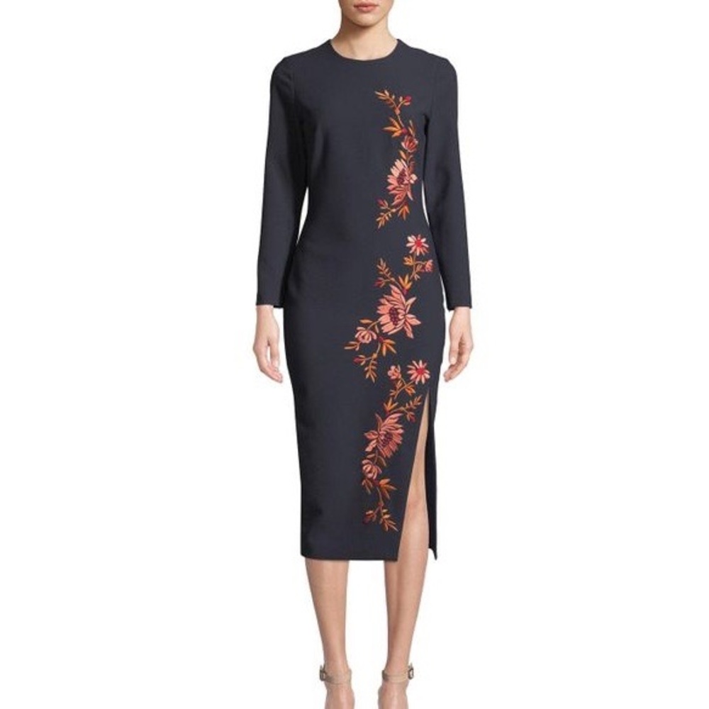 cinq a sept Navy Midi Dress with Coral Floral Embroidery and Side Slit
